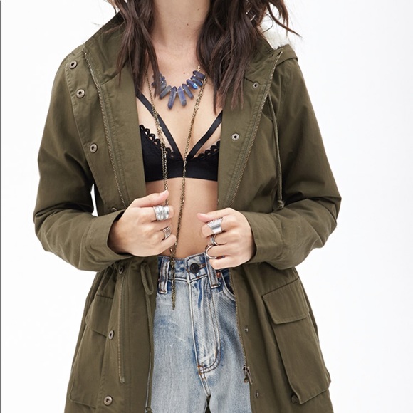 Forever 21 Jackets & Blazers - Hunter Green Utility Jacket with Sherpa Hood